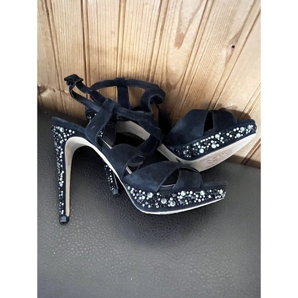 VINCE CAMUTO JOELLA Black Suede Embellished EVENING Sandals 9 - Picture 2 of 10